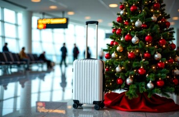 Christmas tree and white Suitcase, inside the Airport. A festive atmosphere. Decorated Christmas tree in airport. Waiting to going on Christmas holiday, Winter Travel. Empty Copy space