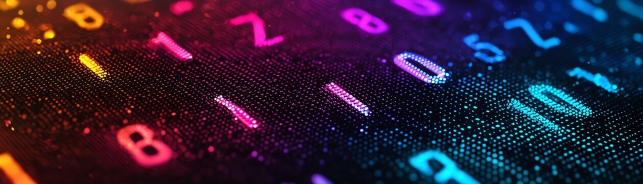 Vibrant digital background featuring colorful binary code and data visualization.