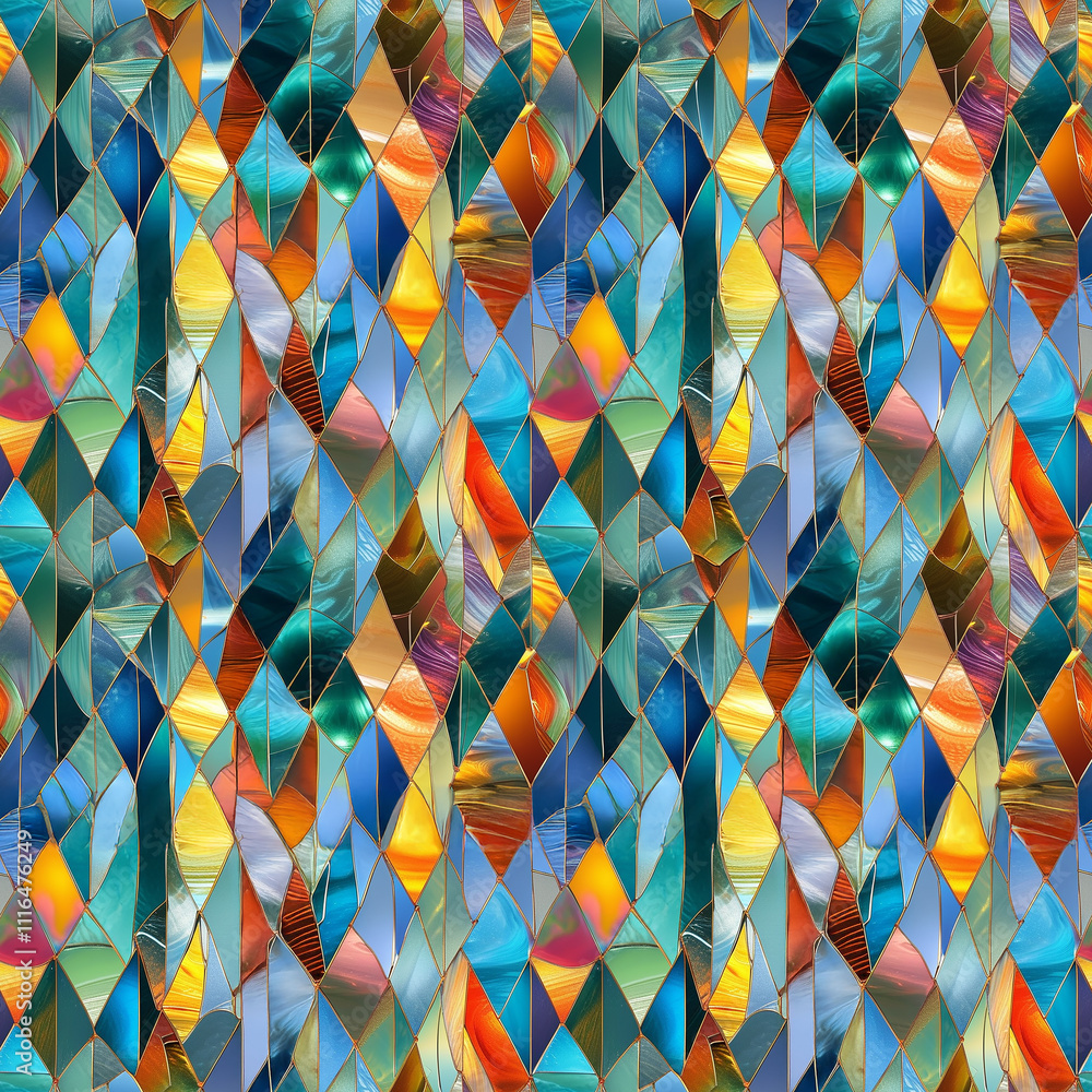 Poster colorful mosaic design features vibrant patterns and dynamic geometric shapes