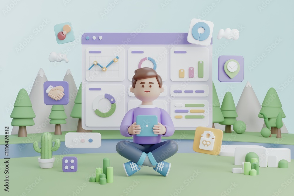 Poster digital analytics in serene natural work environment.