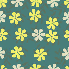 Fototapeta premium Seamless floral pattern, liberty ditsy print of pretty decorative art meadow, mini wild plants. Cute botanical design: small hand drawn flowers, simple tiny grass, leaves. Vector illustration.