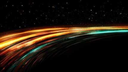 Fototapeta premium Abstract glowing light streaks curve across dark background resembling a galaxy or futuristic horizon.