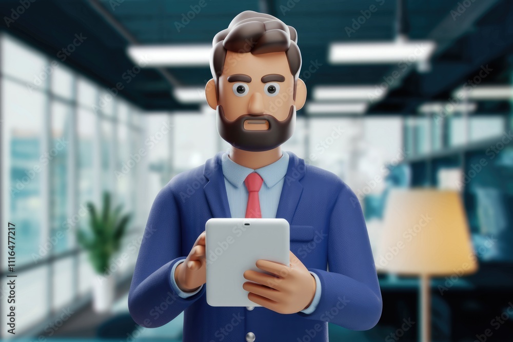 Aufkleber a 3d cartoon businessman looks serious while using a tablet in a modern office.