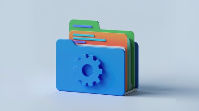 3D blue folder with colorful files and gear icon. - Powered by Adobe