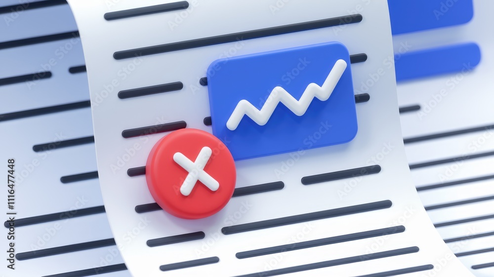 Aufkleber 3D render of document with a rejected upward trend graph.  Error  decline  failure.