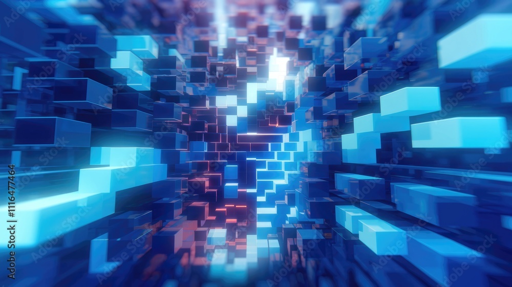Poster Abstract digital tunnel of glowing blue and pink cubes  representing technology and data flow.