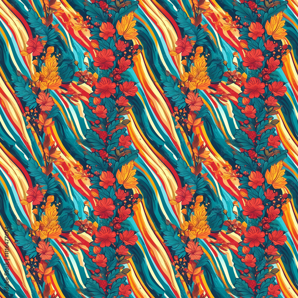 Poster vibrant floral design intertwines with colorful waves of abstract patterns