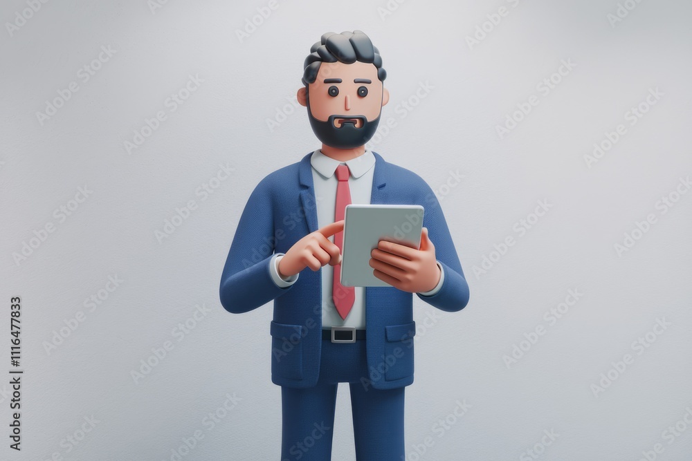 Poster a 3d cartoon businessman in a suit using a tablet appearing surprised or intrigued.