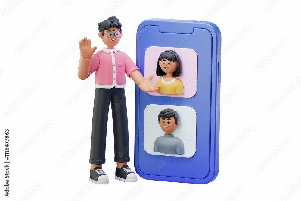 Poster Man presenting smartphone with two profile pictures for online networking.