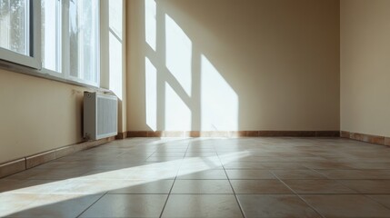 Obraz premium Sunlight streams into an empty room with tiled floors and a radiator, illuminating the wall.