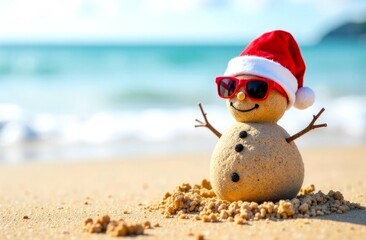 Snowman made of Sand in Santa Clause hat and red sunglasses, on the sandy beach, against the backdrop of sea or ocean waves. Christmas holiday, Winter travel. Illustration with Copy Space