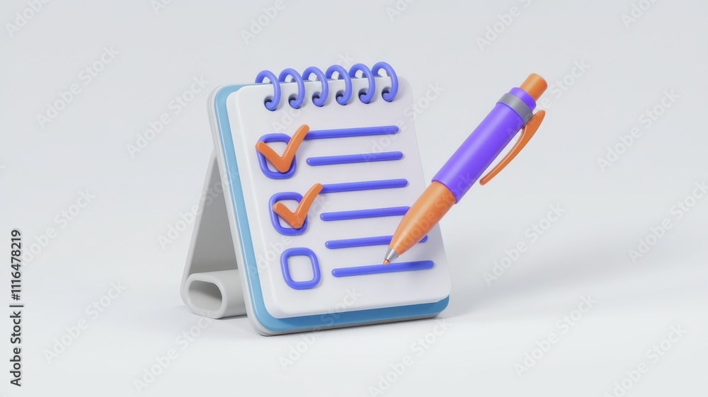 Aufkleber A 3D rendering of a notepad with a checklist and pen  symbolizing task management and organization.