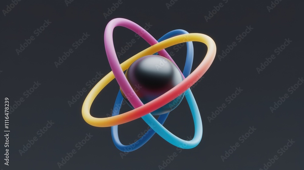 Fototapete Abstract 3D rendering of an atom model with vibrant  interconnected rings orbiting a central core.