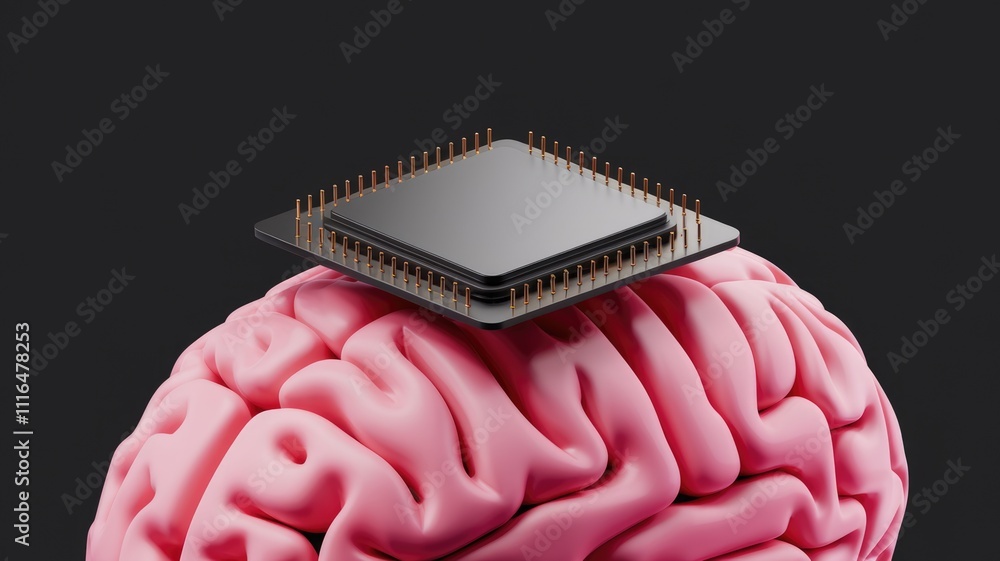 Poster Computer chip on human brain symbolizes AI and human tech merge.