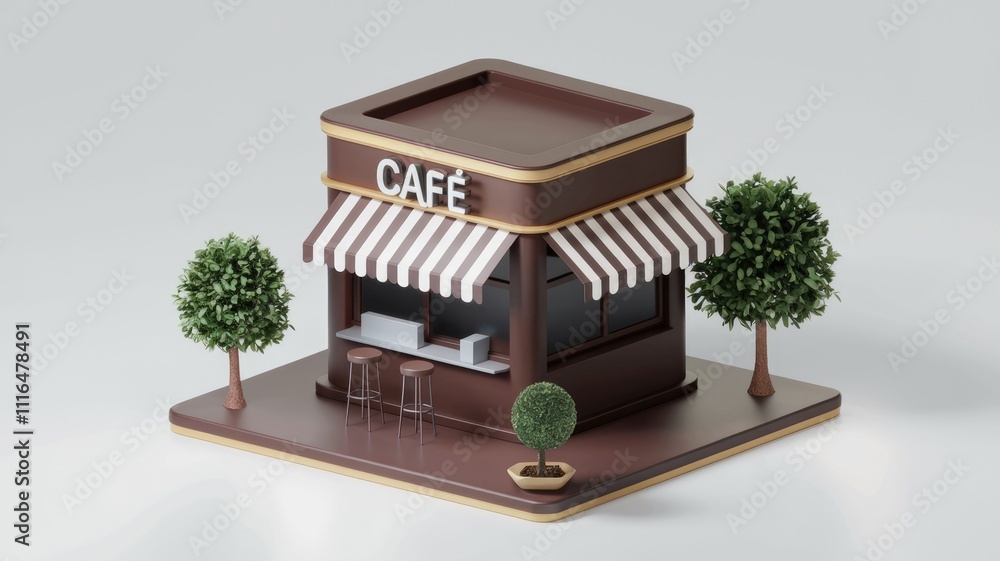 Aufkleber a charming 3d model of a small cafe with striped awning trees and outdoor seating.