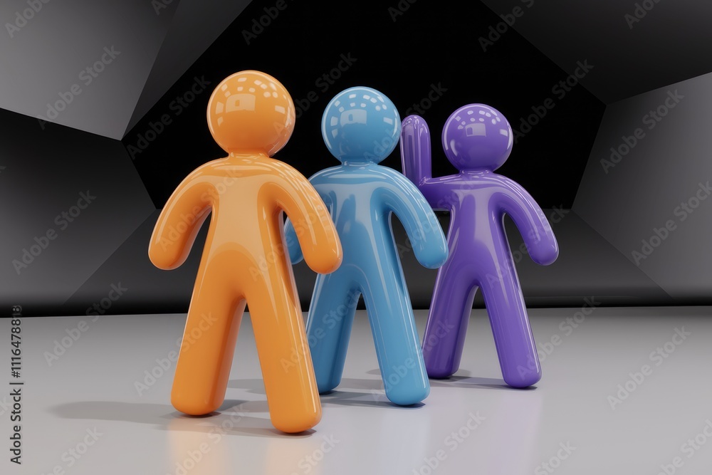 Poster three colorful 3d figures standing together symbolizing teamwork and collaboration.