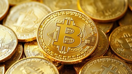 Golden Bitcoin Coin Stacked with Financial Background