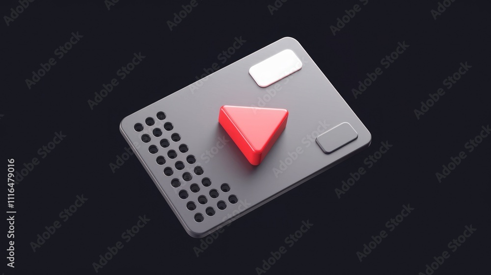 Poster Minimalist 3D render of gray device with red play button.