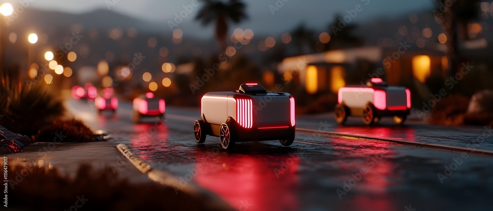 Poster sleek and efficient autonomous delivery robots navigating a neon lit urban landscape showcasing the 