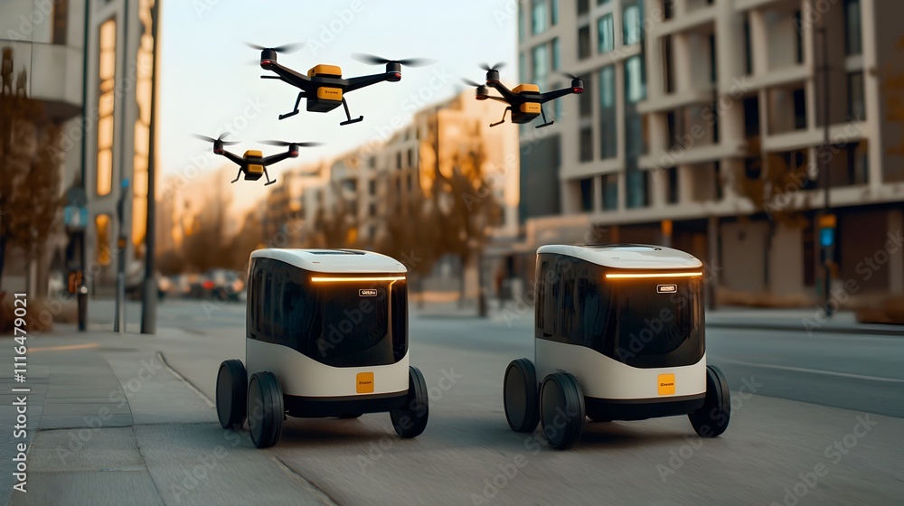 Aufkleber autonomous delivery robots and aerial drone fleets navigating busy city streets transporting package