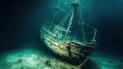 Fototapeta premium Eerie shipwreck glowing under green light underwater photo dark ocean environment surreal scene