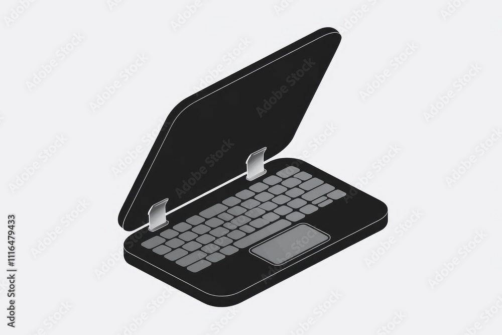 Poster isometric illustration of a black laptop with its lid open showcasing the keyboard and touchpad.