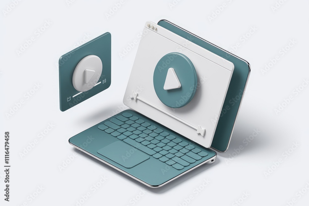 Leinwandbilder laptop with teal keyboard and floating media player interface showing play button.
