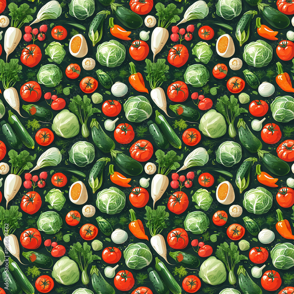 Poster vibrant display of fresh vegetables arranged in a colorful flat lay pattern