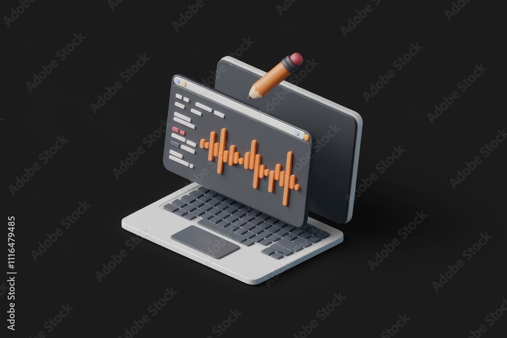 Poster sound design software on laptop screen with pencil editing waveform.