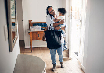 Woman, phone call and bags with baby in home, multitasking and busy with responsibility. Mother,...