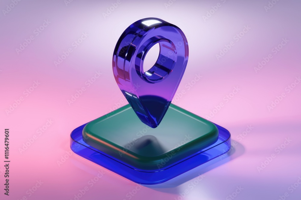 Poster 3d glass pin icon symbolizes digital mapping and navigation.