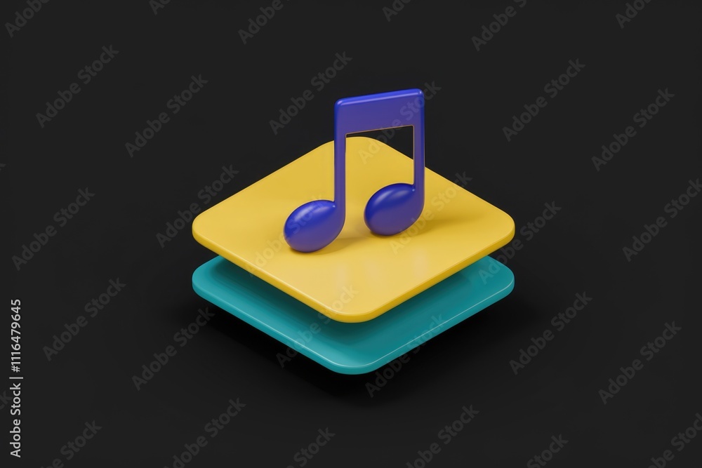 Poster 3D rendering of a blue musical note on colorful square layers against a transparent background.