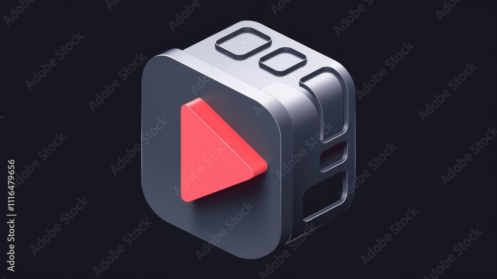 Poster A 3D isometric icon featuring a play button  symbolizing media playback or video content.