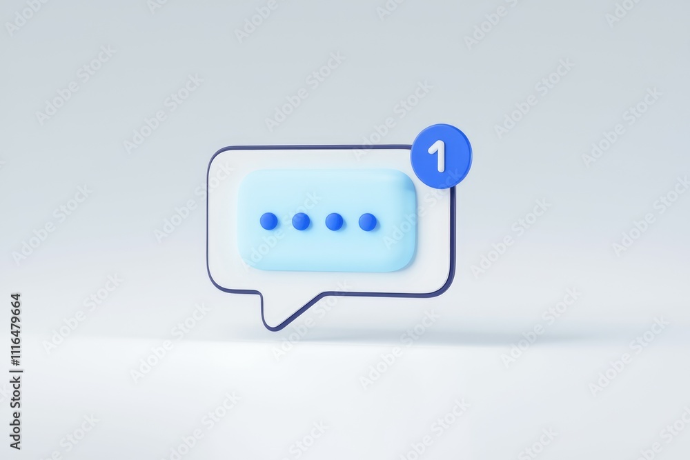 Poster 3D rendering of a light blue speech bubble with one unread message notification.