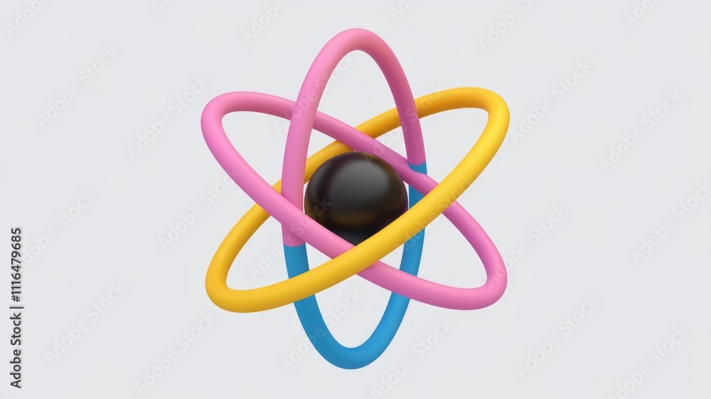 Poster abstract 3d atom model with colorful orbiting electrons around a central nucleus.