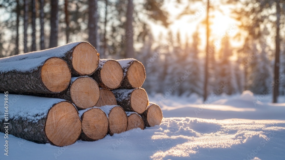 Poster Freshly cut logs are stacked neatly on a blanket of snow in a serene forest setting