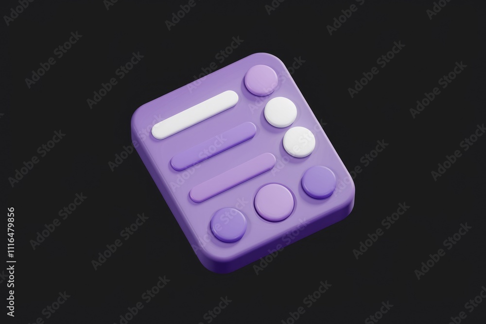 Poster 3D render of purple interface with buttons and sliders.