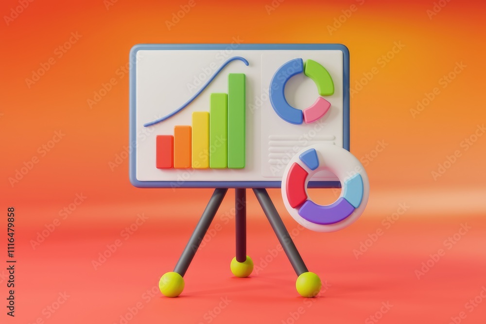 Poster colorful 3d charts and graphs on a presentation board showcasing business growth and data analysis.