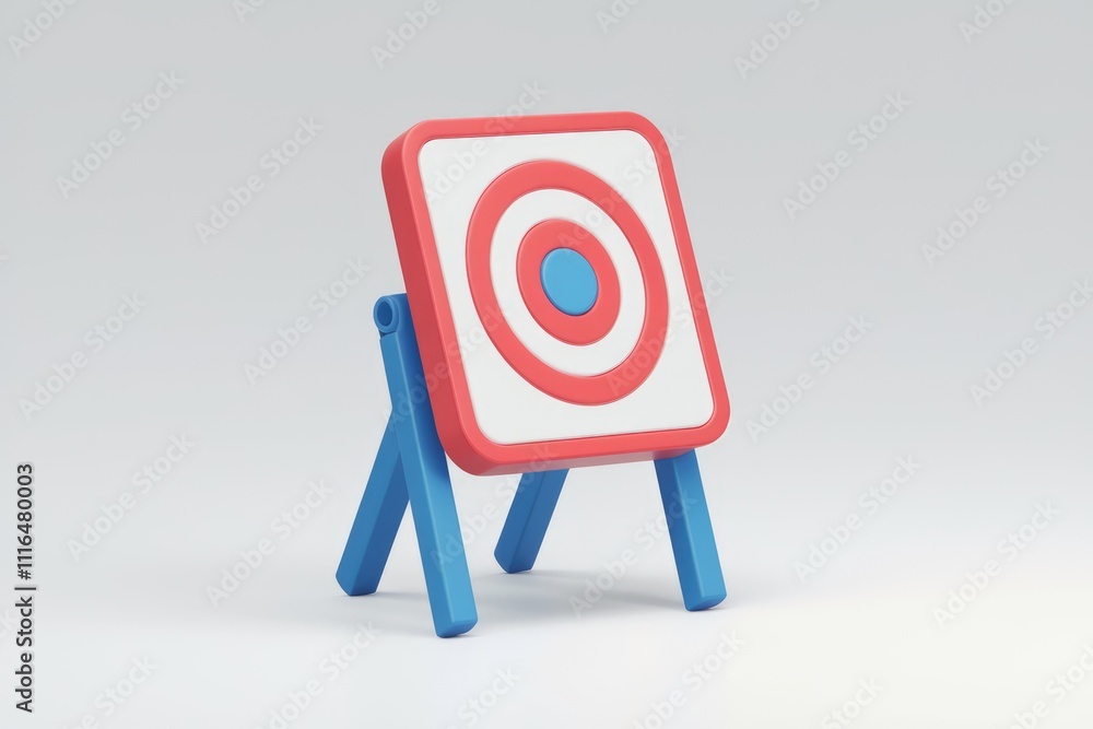 Poster a 3d rendering of a small colorful target board on a stand symbolizing goals and achievements.