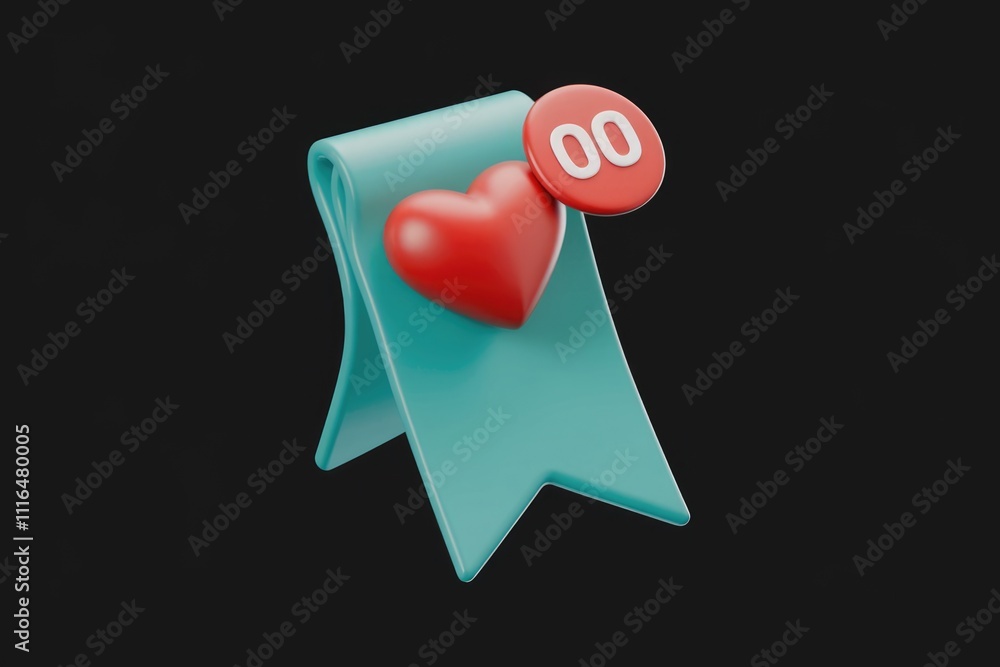 Poster 3D render of a teal bookmark with a red heart and a notification of zero likes.