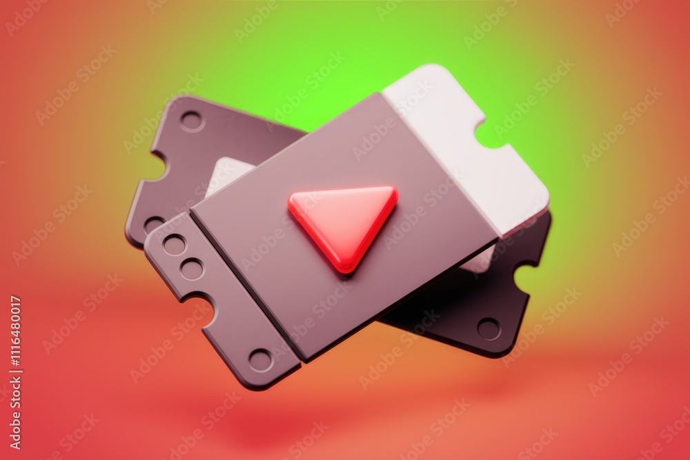 Poster Two 3D rendered tickets with a play button  symbolizing online video access or event.