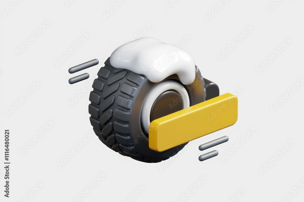 Poster 3d render of a moving wheel with a white substance on top and a yellow bar attached.