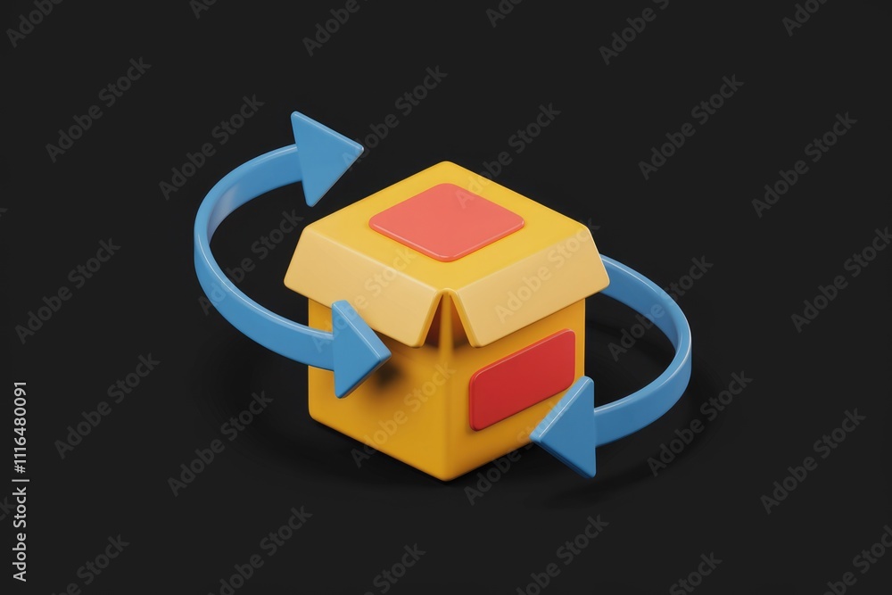 Poster 3D rendering of a rotating yellow box with blue arrows  symbolizing product returns or exchanges.