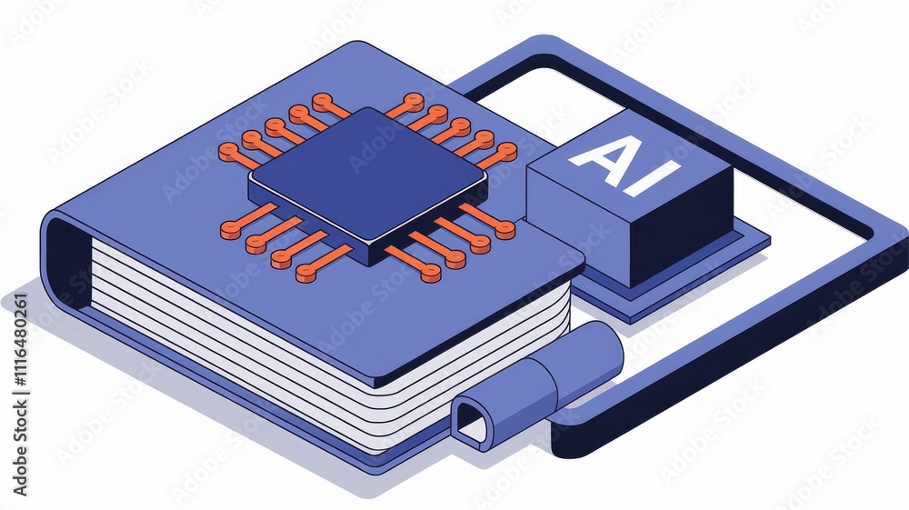 Poster ai integrated into a book symbolizing knowledge and technology merging.