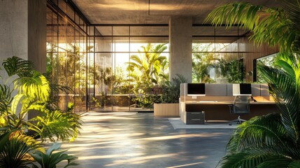 Fototapeta premium Sunlit modern office with tropical plants and large windows.