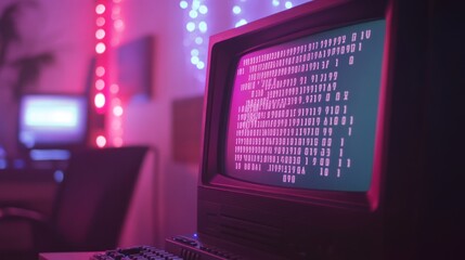 Retro Computer Screen Displays Binary Code In Pink Light
