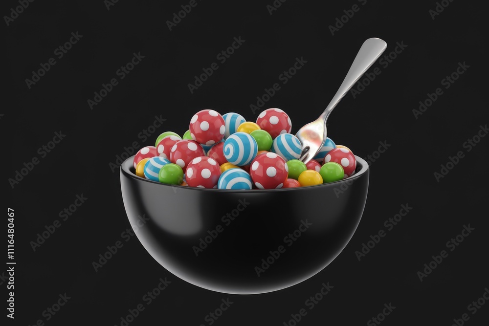 Poster a black bowl filled with colorful patterned balls a fork rests on top.