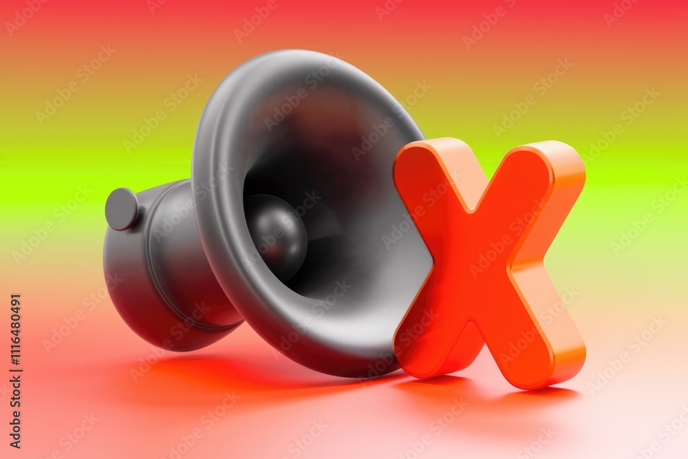 Poster A 3D render of a speaker with a red X over it  signifying mute or no sound.