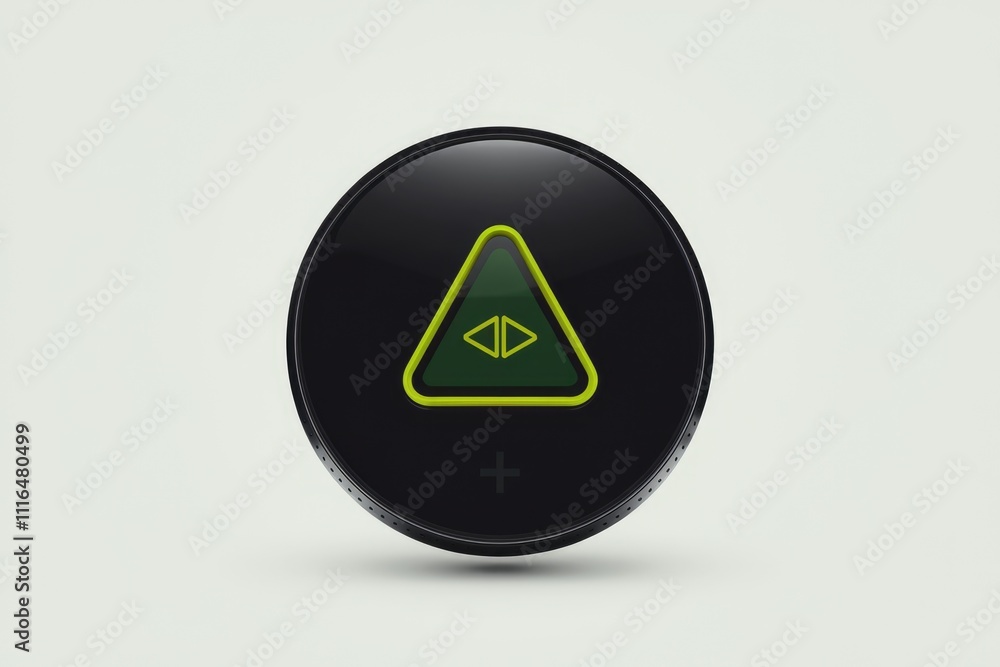 Poster black circular button with a yellow triangle warning symbol indicating lane departure.
