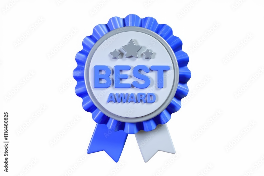 Poster 3d render of a blue award badge with three stars and the text 'best award'.